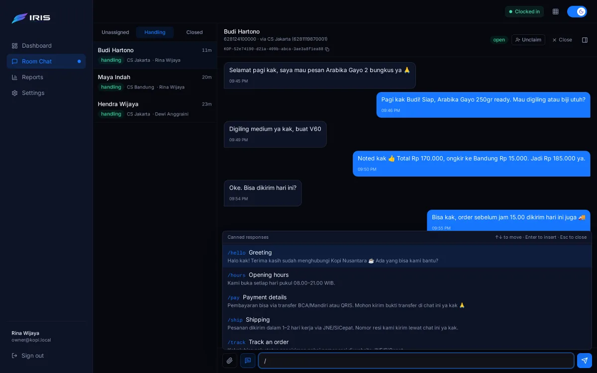 The canned-response picker open in the Iris composer