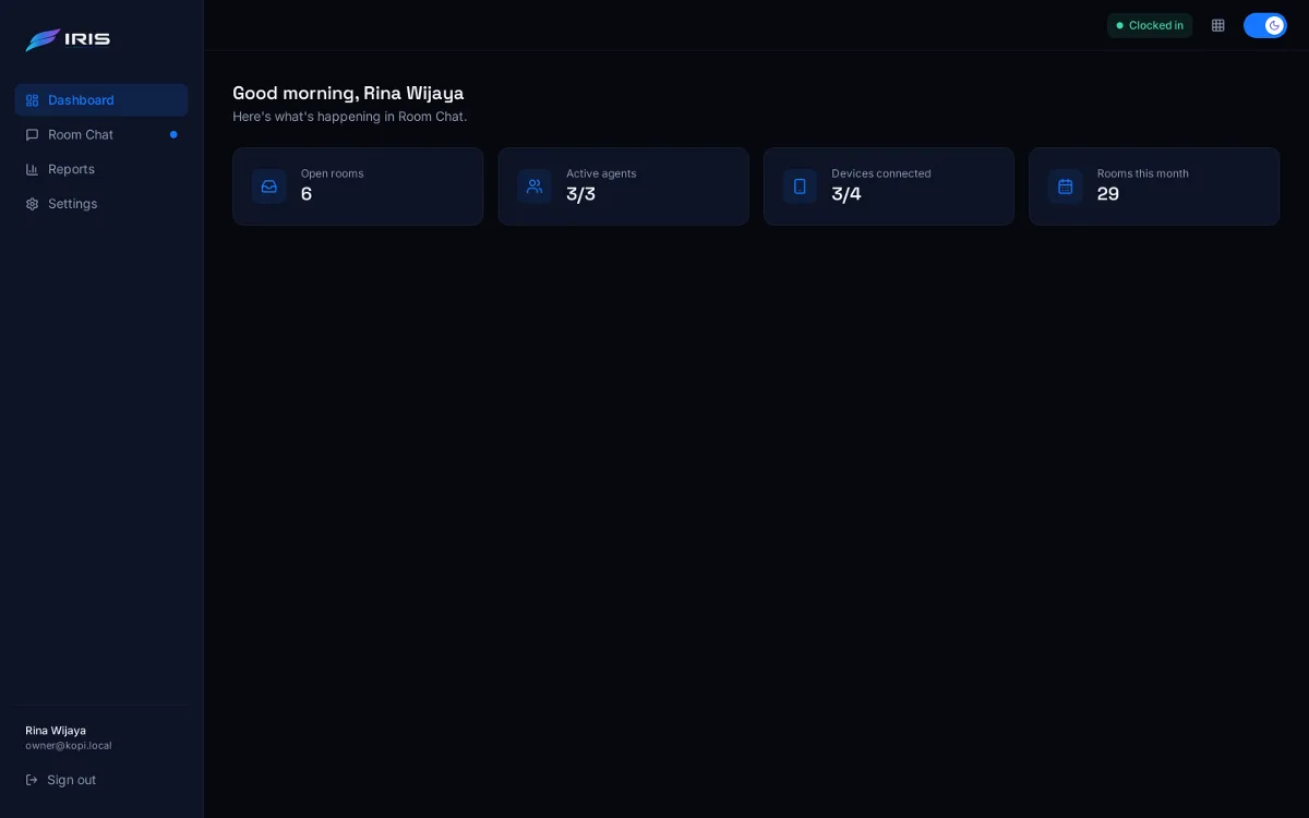 Iris dashboard with open rooms, active agents and connected devices