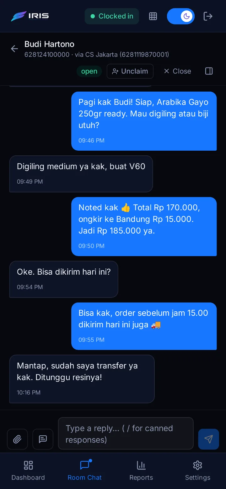 Iris on a phone: an agent's WhatsApp conversation with a customer about an order