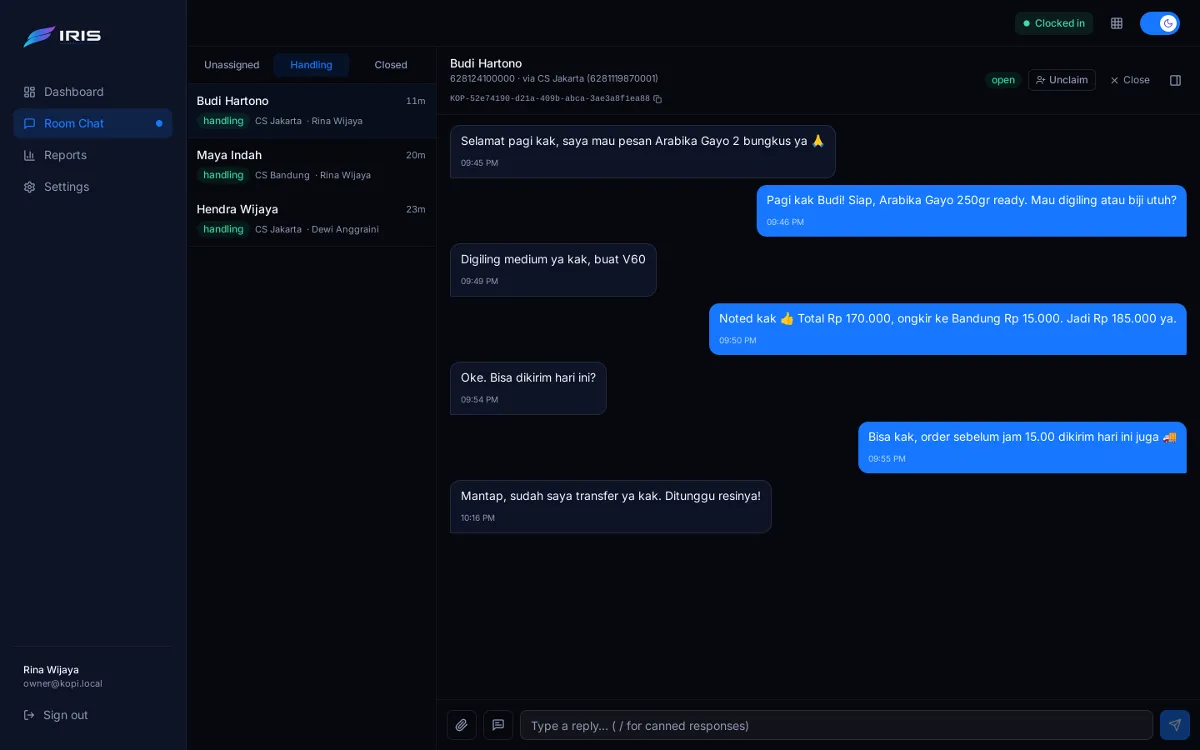 An Iris conversation between an agent and a customer ordering coffee