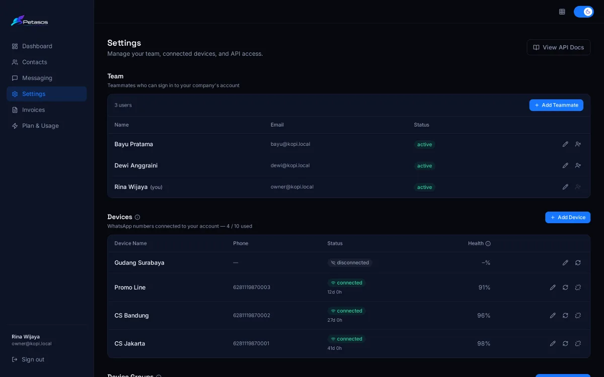 Petasos settings with team members and connected WhatsApp numbers with health scores